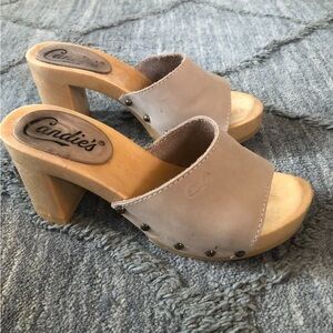Candie's Taupe Open-Toe Leather Clog Heels